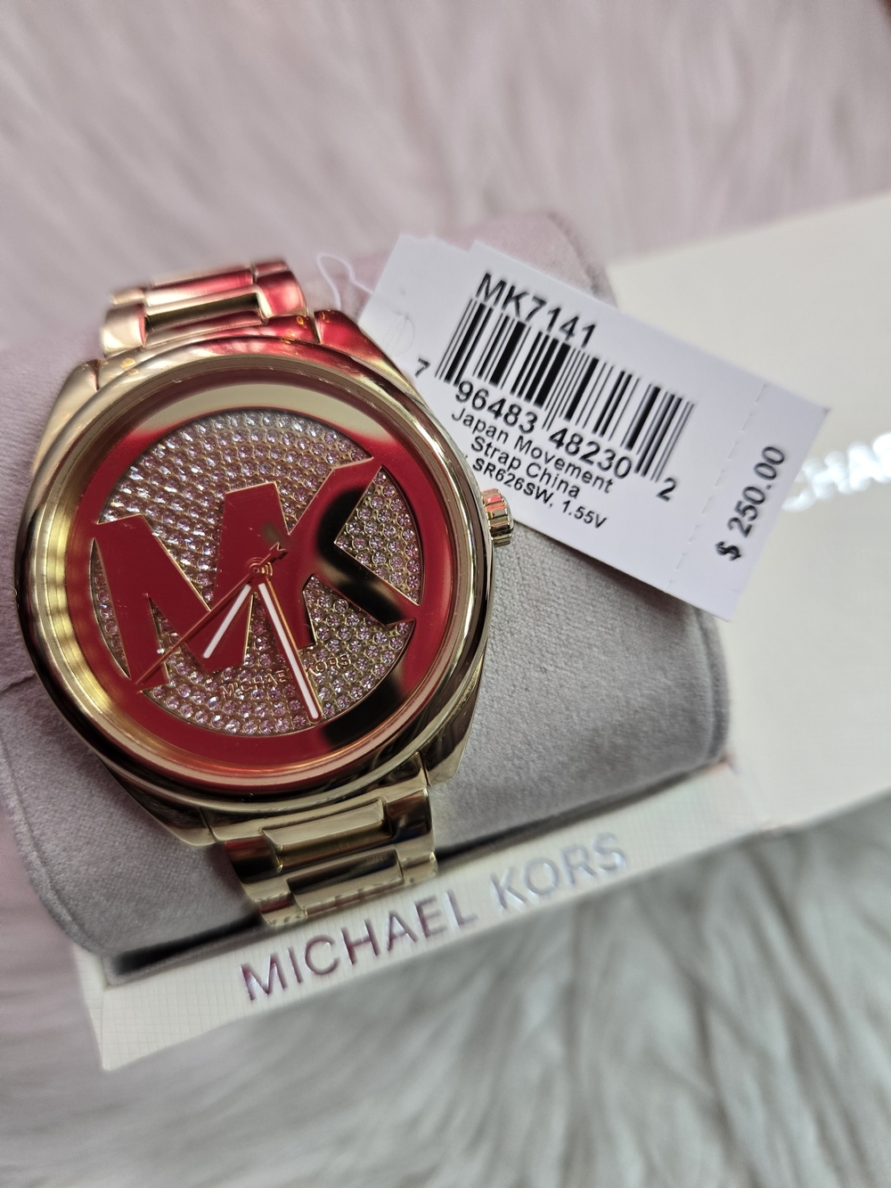 Michael Kors Gold Tone Crystal Logo Watch - Pink Accents